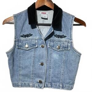 Vintage 90s Denim Vest Velvet Collar and Embroidery Western Style 100% Cotton